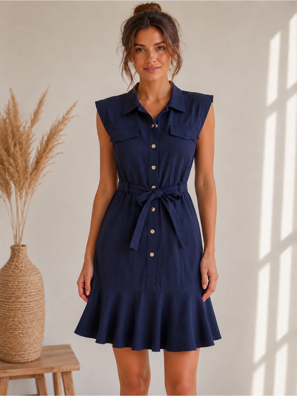 Calvin Klein Navy Sleeveless Shirt Dress with Tie Waist and Flounce Hem Size 4